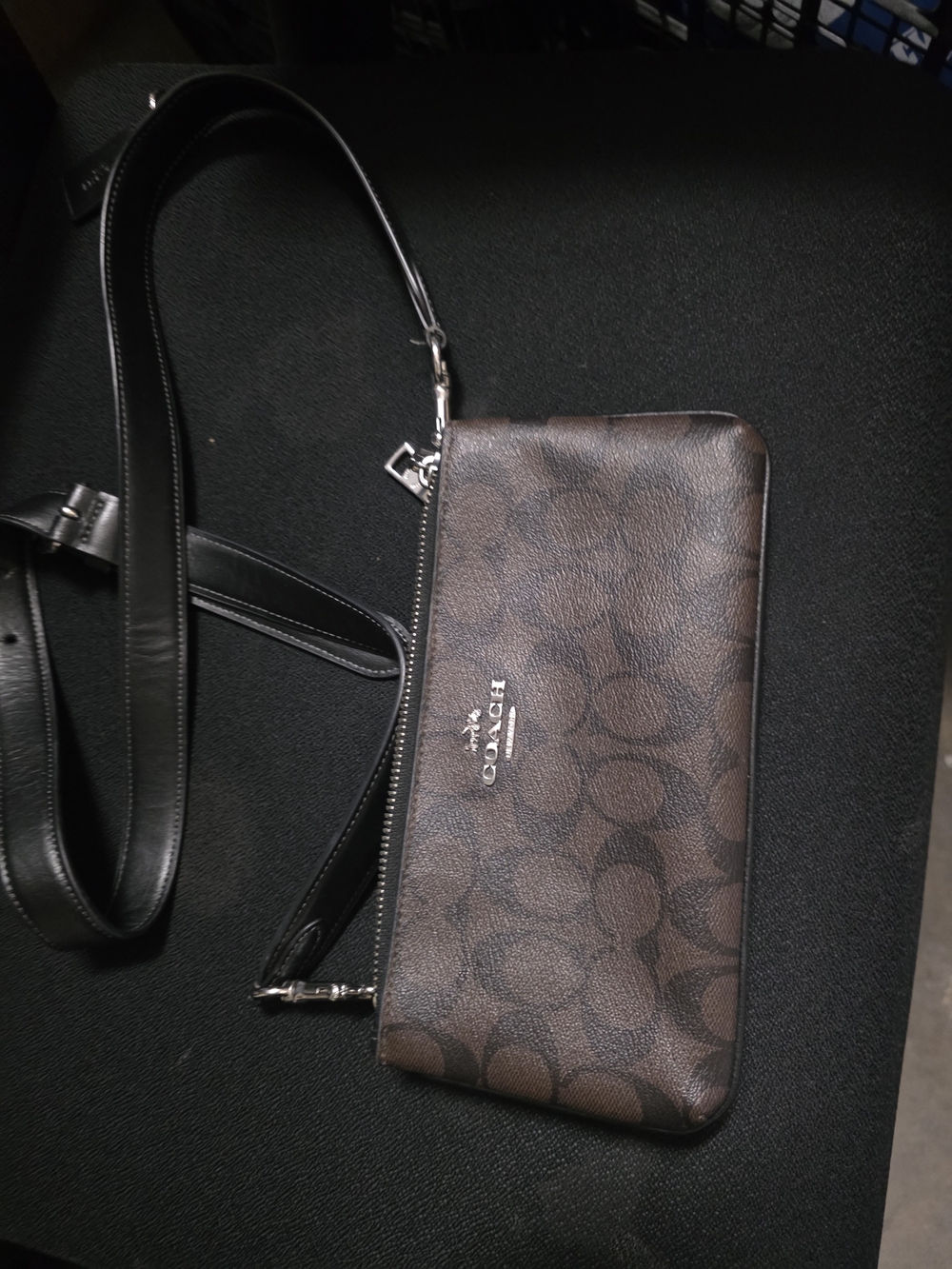 Coach Woman Brown Signature Crossbody Wallet with Black Strap